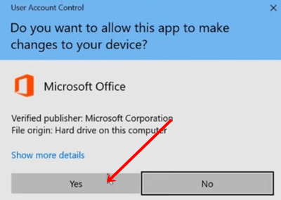 click on YES to install MS Office