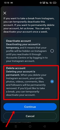 select delete instagram and thread account