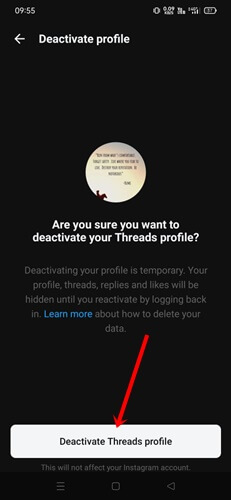 tap on Deactivate Threads profile
