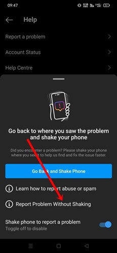 Report a problem without Shaking