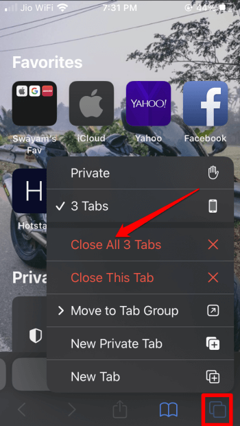 close all tabs on Safari browser
