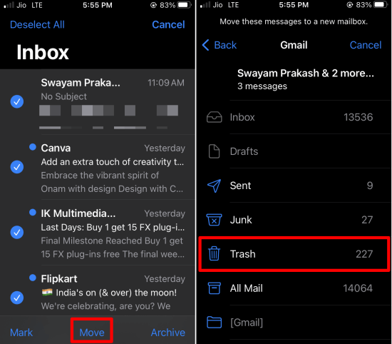 delete emails on iOS Mail app 