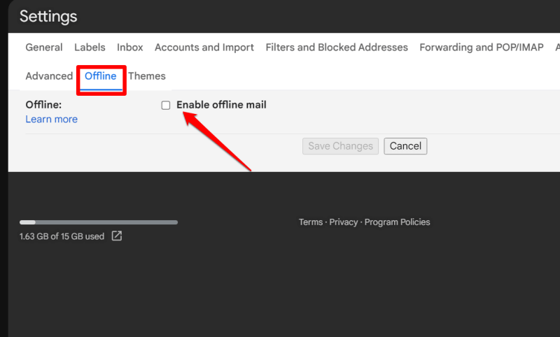 disable offline mail in Gmail