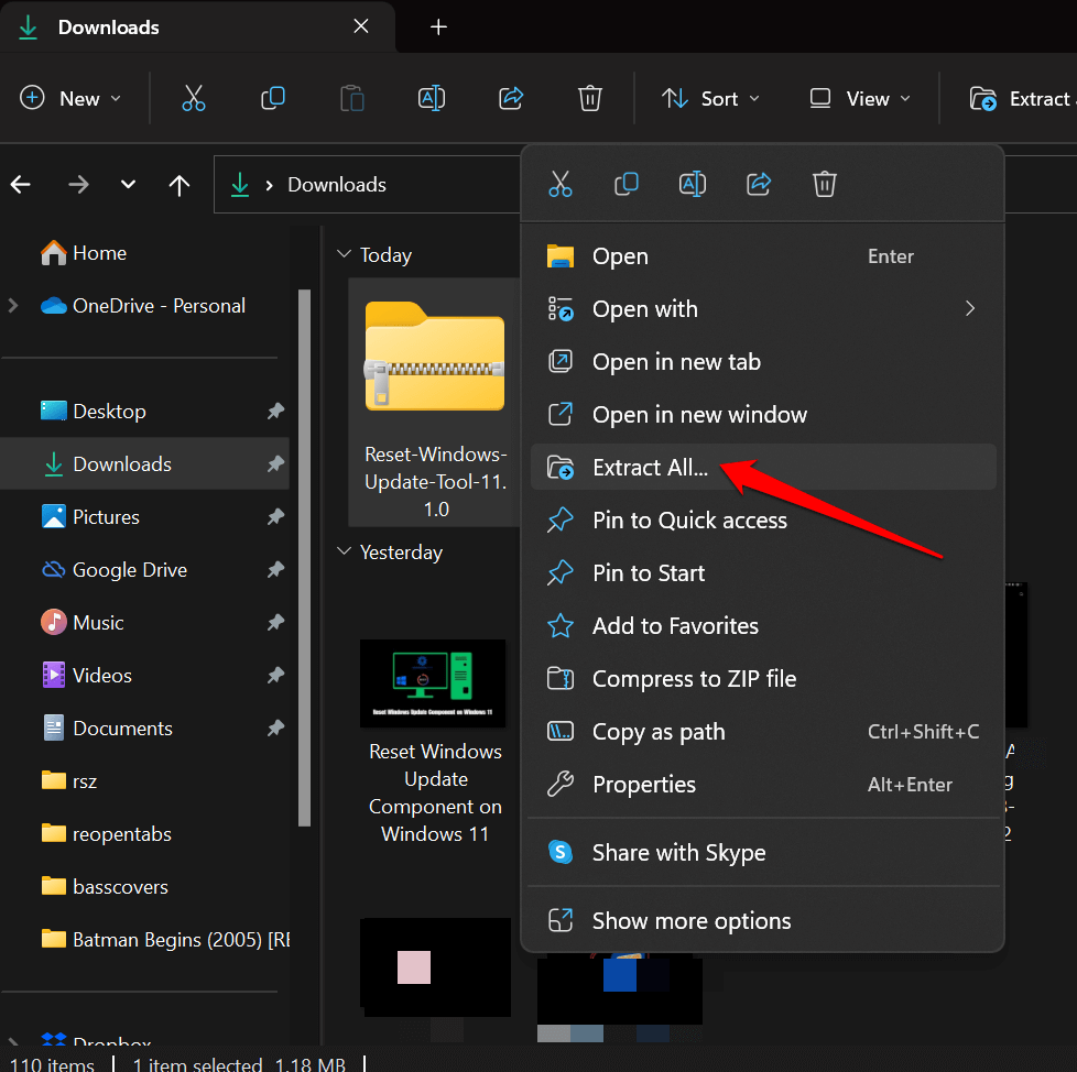 extract content from Reset Windows Update zip file