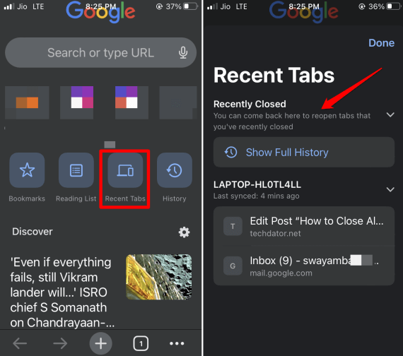 open recently closed tabs on Chrome for iOS