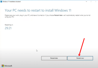 restart the system to complete update to windows 11 with installation assistant