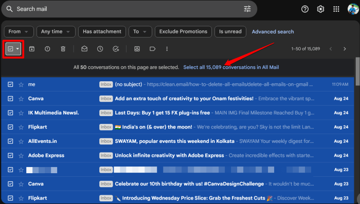 select all conversations in the Gmail web