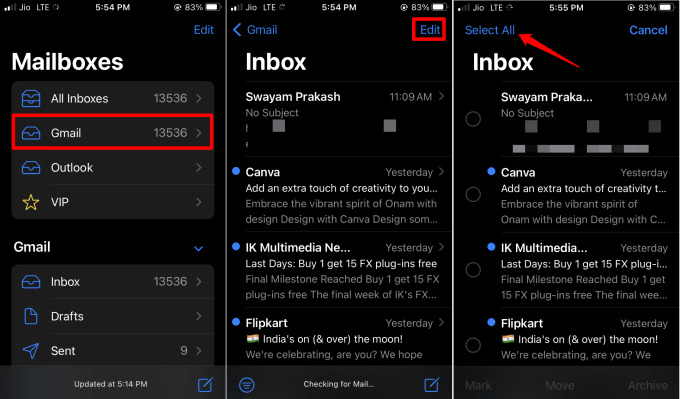 select all emails for deletion on iOS Mail app