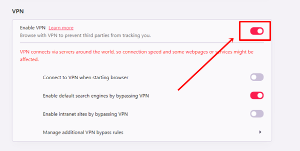 Enable Free VPN on Opera GX Browser