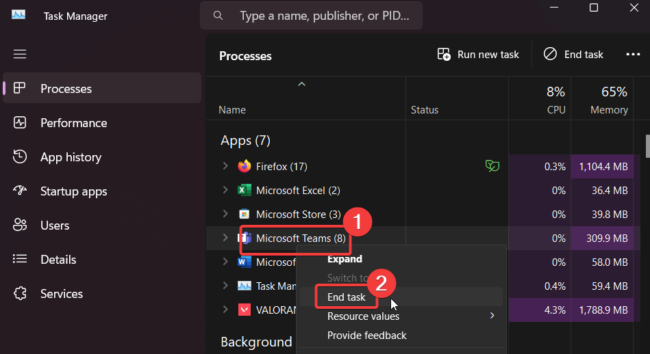 Right-click on the Microsoft Teams process and Select End process