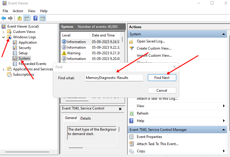 Event Viewer (Local) > Windows Logs > System
