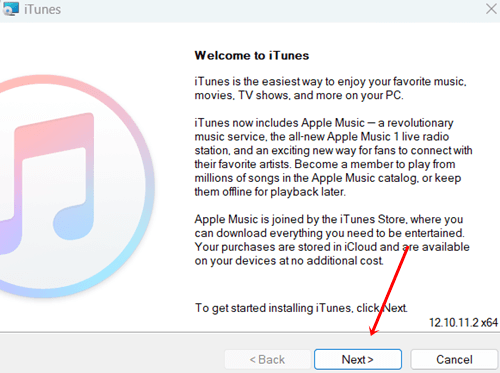 click on the Next button on iTunes setup windows