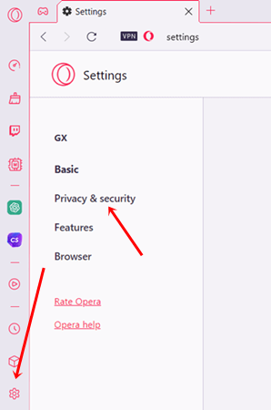 opera gx Privacy and Security option