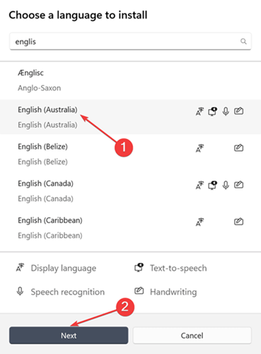 select the language you want to add, and click on the Next button