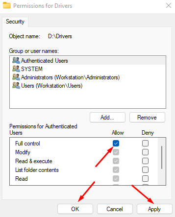 Allow checkbox next to Full Control