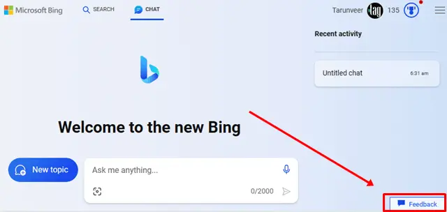 Open Bing Chat and click on the Feedback