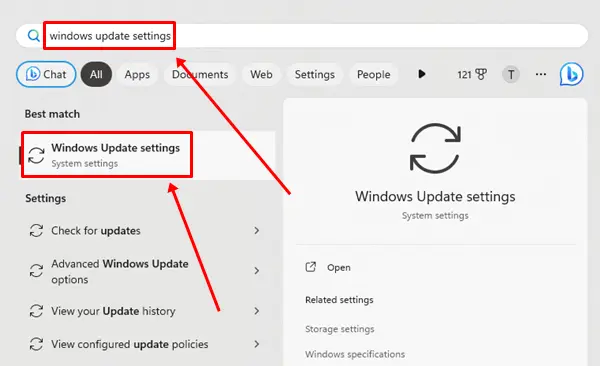 type Windows update settings