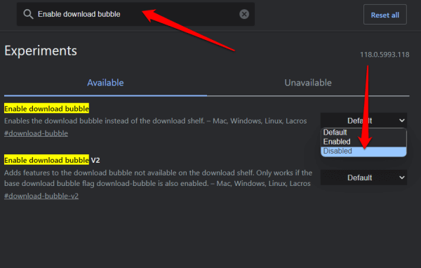 Search for the flag Enable download bubble.> Disable
