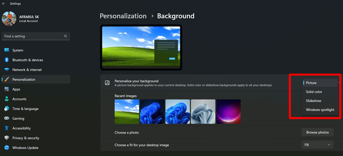select picture personalize background