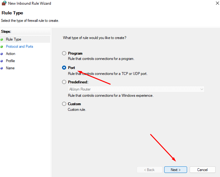 Rule Type, select Port and then click on Next