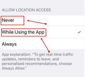 Select the Never or While using app