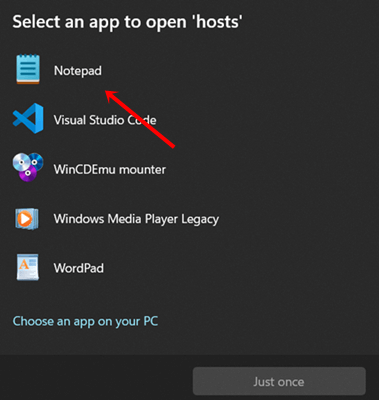open hosts file with notepad