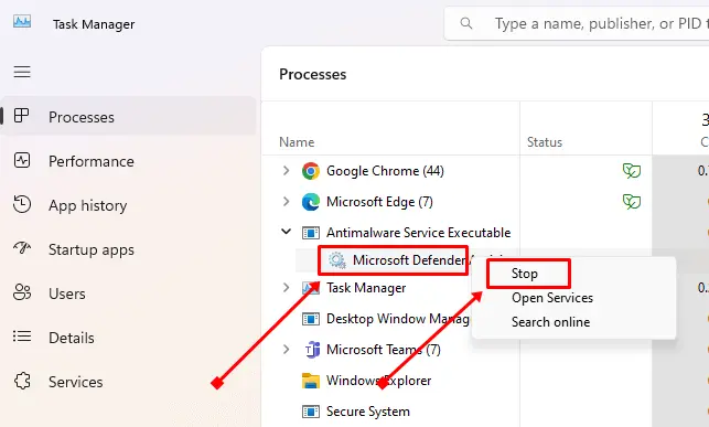 right click on Microsoft Defender then click on stop