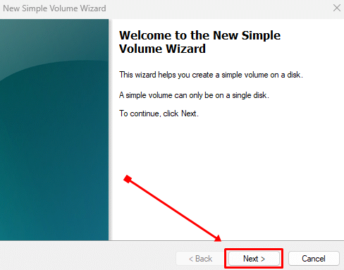 Click on the Next button in the New Simple Volume