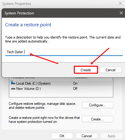 Type name to create restore point
