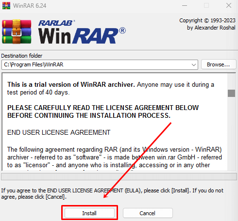 WinRAR Install button