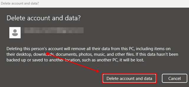 click on Delete account and data button
