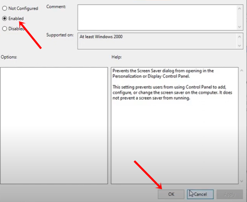 confirm the screen saver enabling on group policy editor