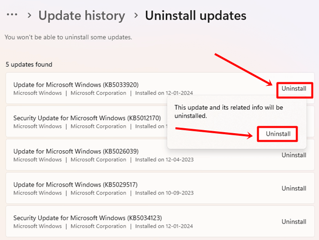 Click uninstall button to uninstall the update