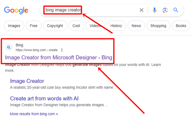 search for Bing Image Creator