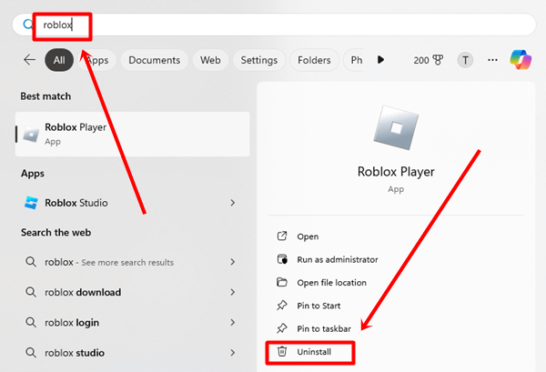 Type roblox in windows search bar