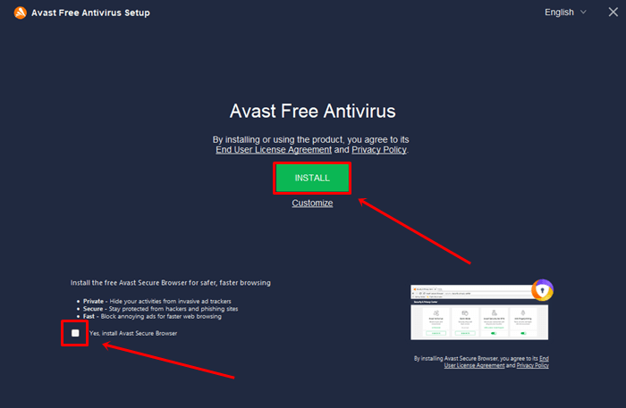 Avast Free Antivirus install button