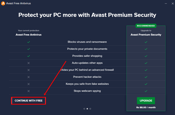 avast Continue with Free