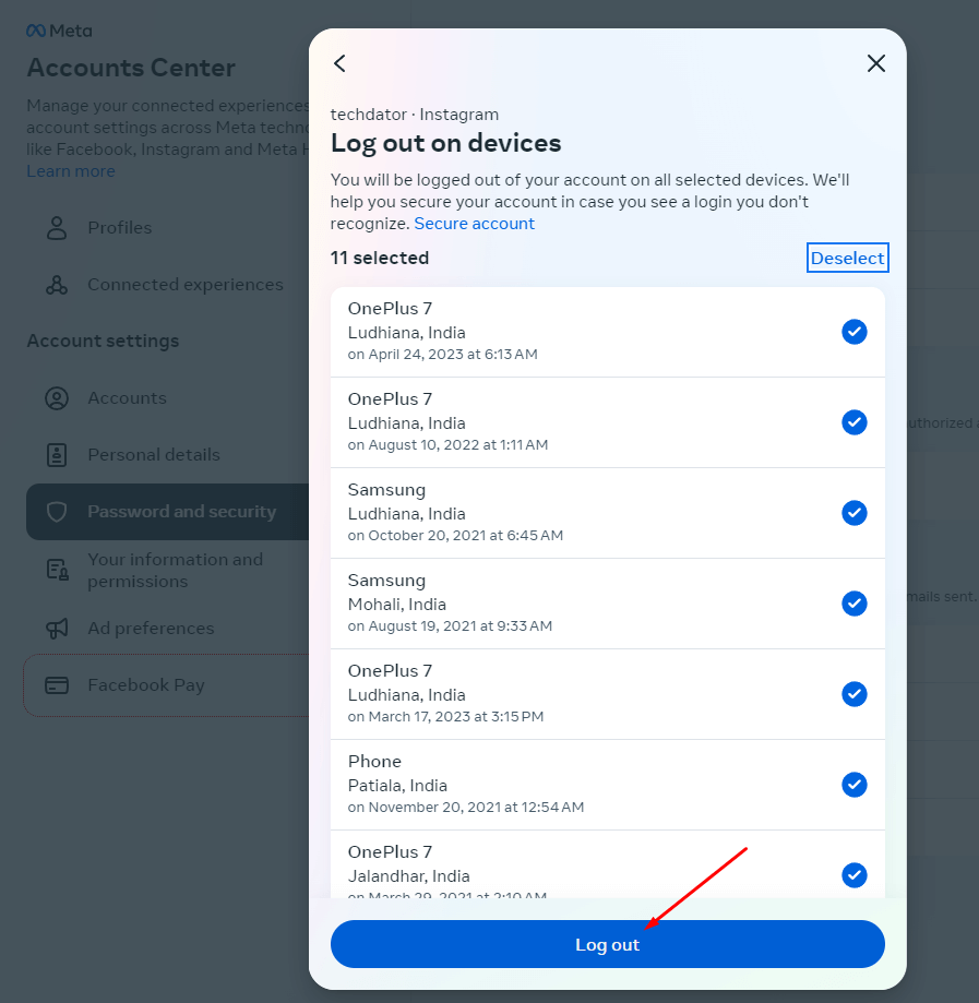Select All and then on Log Out